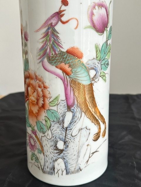 古玩陶瓷粉彩鳳穿牡丹帽筒真品鑒賞圖