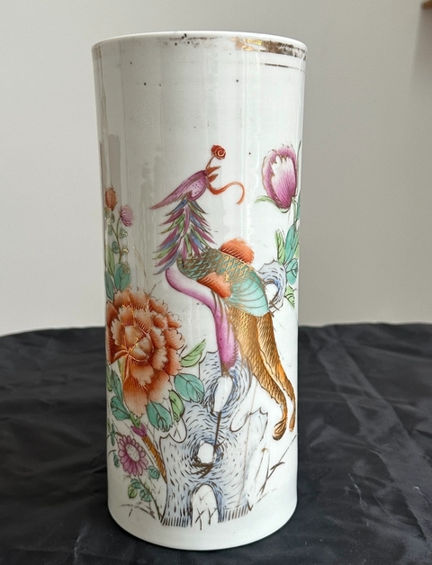 古玩陶瓷粉彩鳳穿牡丹帽筒真品鑒賞圖
