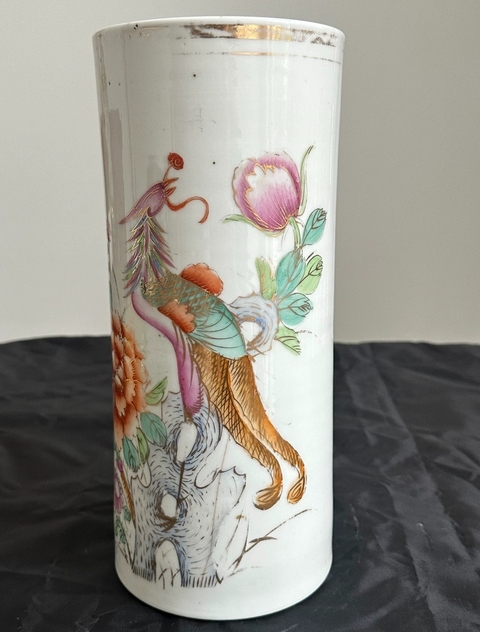 古玩陶瓷粉彩鳳穿牡丹帽筒真品鑒賞圖