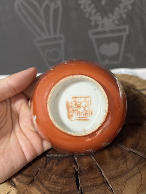 古玩陶瓷晚清礬紅留白蘭草詩文蓋碗拍賣，當前價格350元