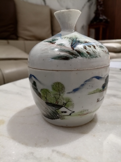 古玩陶瓷粉彩山水人物紋蓋缸真品鑒賞圖