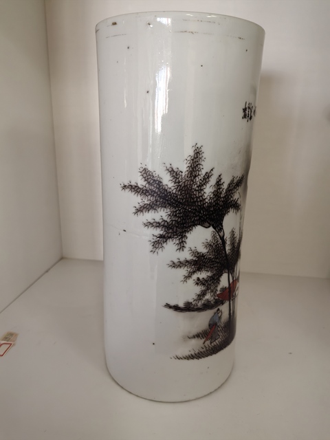 古玩陶瓷墨彩礬紅竹林高士圖帽筒真品鑒賞圖