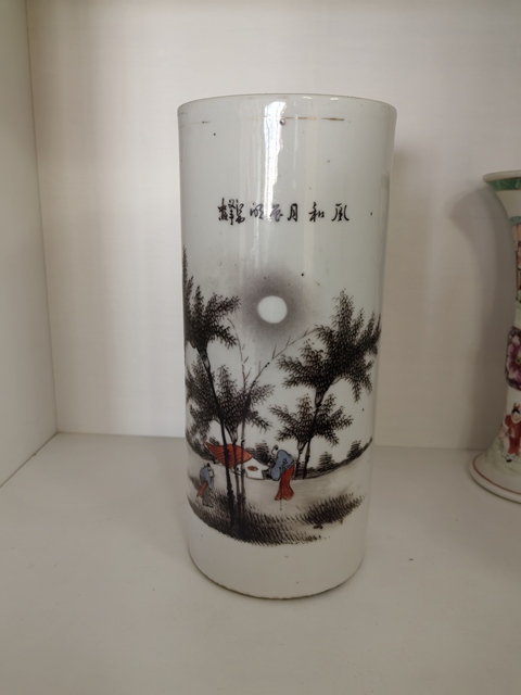 古玩陶瓷墨彩礬紅竹林高士圖帽筒真品鑒賞圖