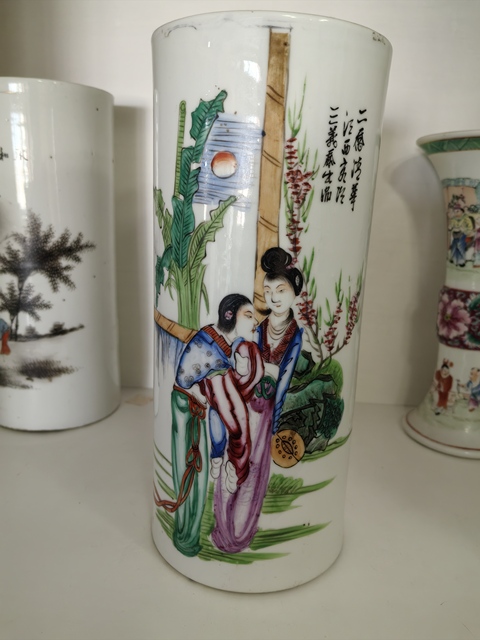 古玩陶瓷油粉彩二喬圖帽筒真品鑒賞圖