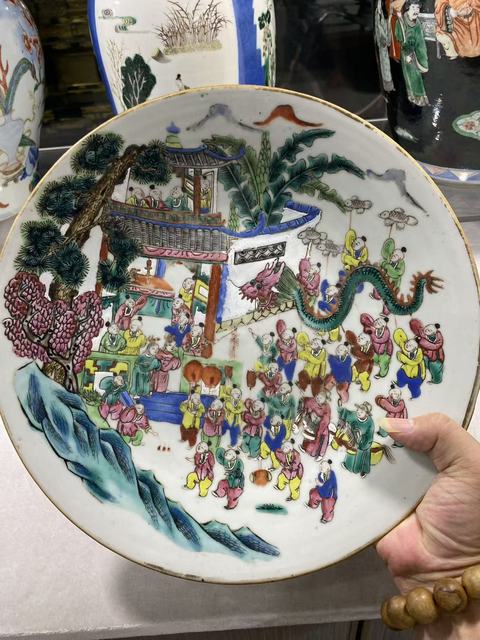 古玩陶瓷粉彩百子鬧春圖盤真品鑒賞圖
