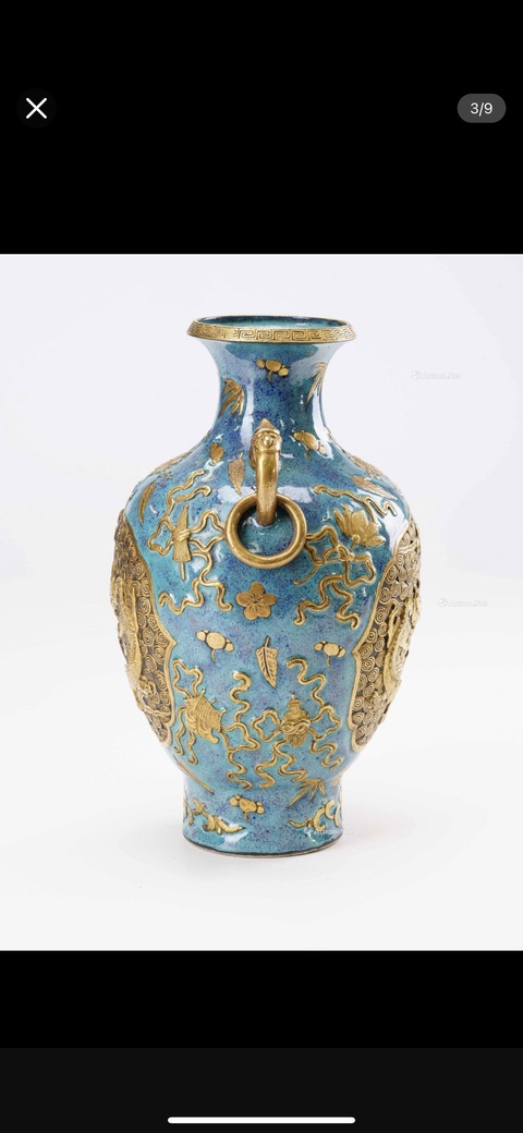 古玩陶瓷爐鈞釉描金龍紋雙耳尊真品鑒賞圖