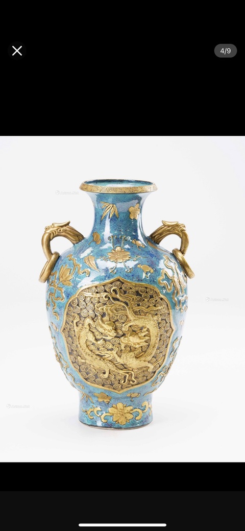 古玩陶瓷爐鈞釉描金龍紋雙耳尊真品鑒賞圖