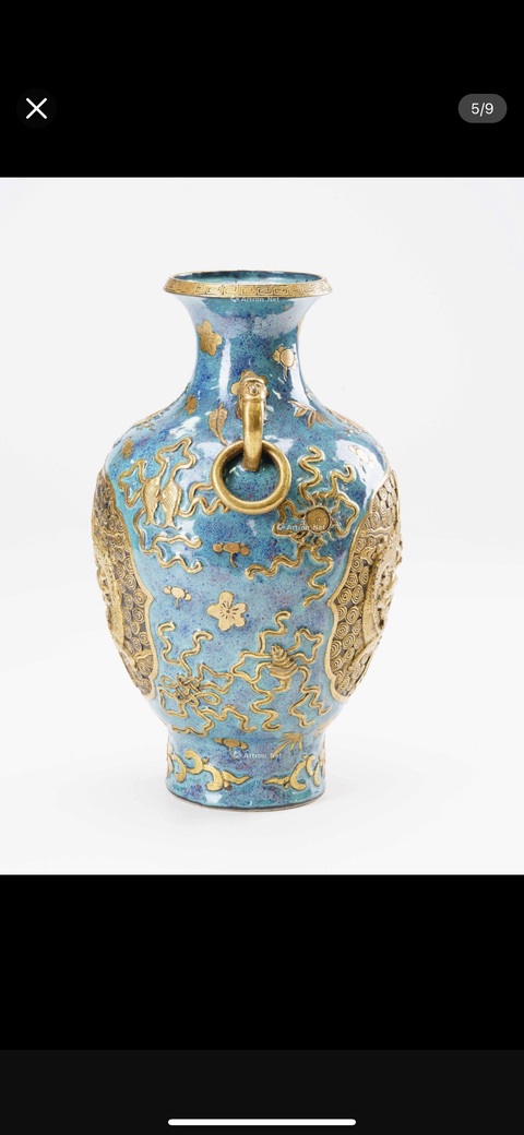 古玩陶瓷爐鈞釉描金龍紋雙耳尊真品鑒賞圖