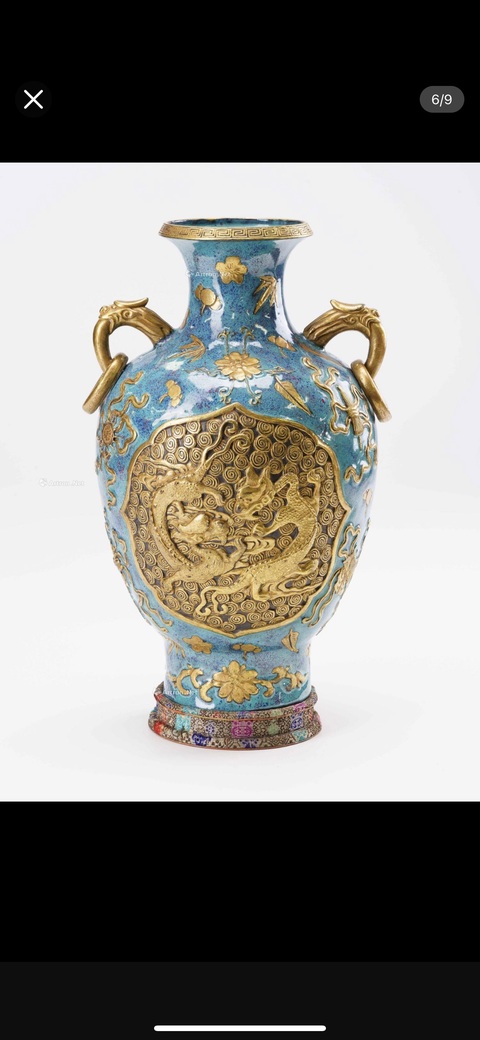 古玩陶瓷爐鈞釉描金龍紋雙耳尊真品鑒賞圖