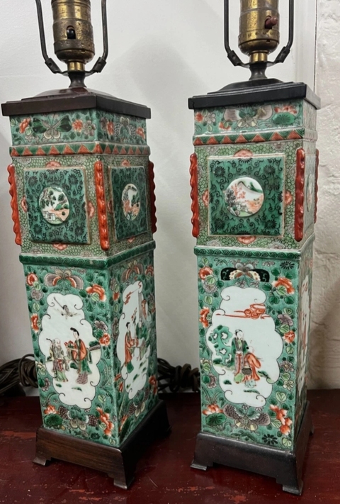 古玩陶瓷五彩開光花觚改臺燈一對真品鑒賞圖