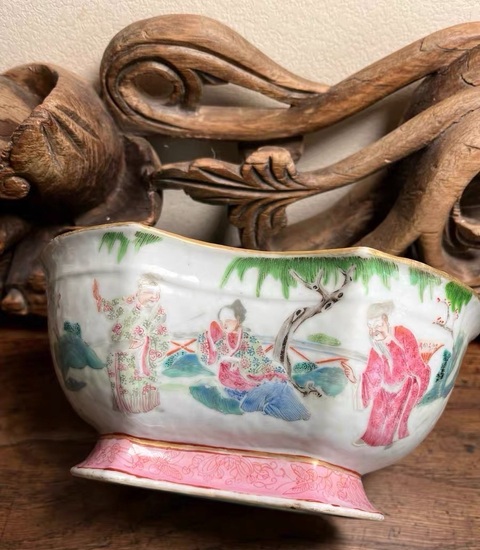 古玩陶瓷清道光 粉彩花卉紋銀錠型供碗真品鑒賞圖