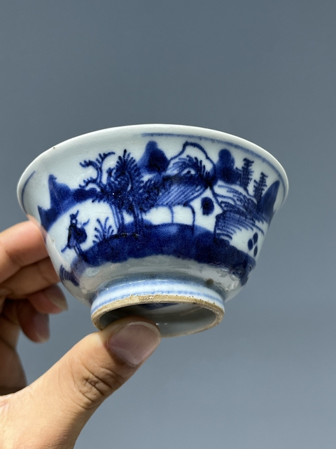 古玩陶瓷青花山水人物茶碗真品鑒賞圖