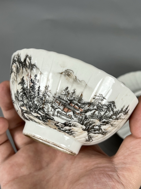 古玩陶瓷墨彩礬紅山水人物蓋碗真品鑒賞圖