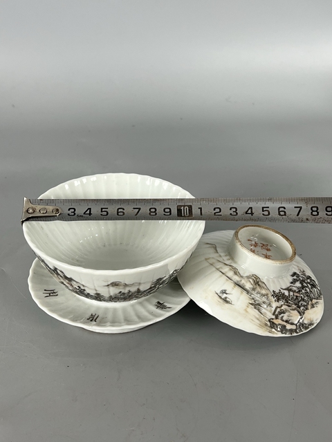 古玩陶瓷墨彩礬紅山水人物蓋碗真品鑒賞圖