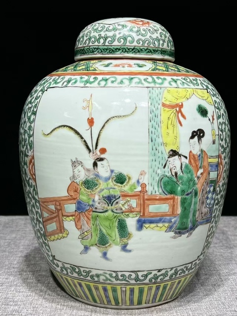 古玩陶瓷清晚期五彩西廂記紋罐真品鑒賞圖