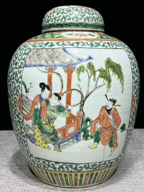 古玩陶瓷清晚期五彩西廂記紋罐真品鑒賞圖