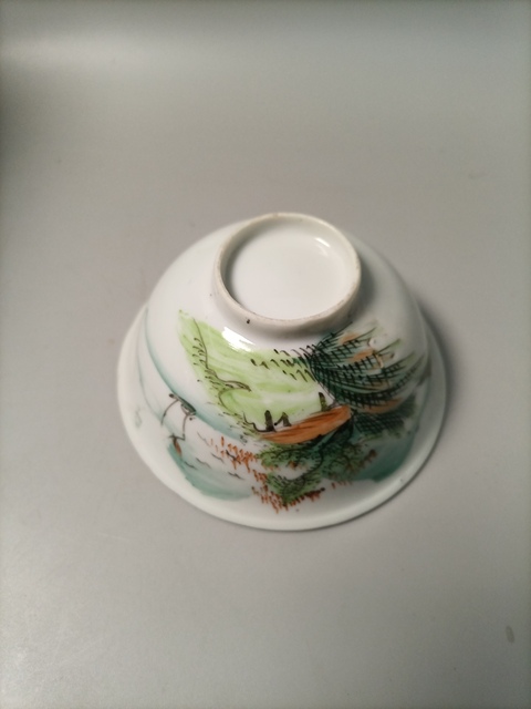 古玩陶瓷民國淺絳彩青綠山水茶園拍賣,當前價格568元