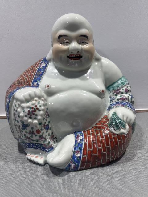 古玩陶瓷粉彩花卉彌勒笑佛真品鑒賞圖