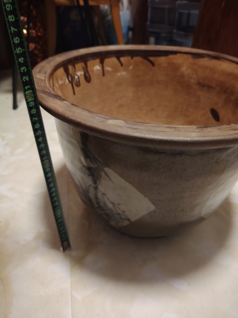 古玩陶瓷黃釉開光墨彩花鳥紋花盆真品鑒賞圖