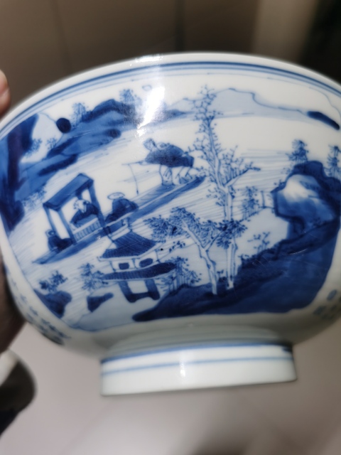 古玩陶瓷青花山水詩文碗真品鑒賞圖