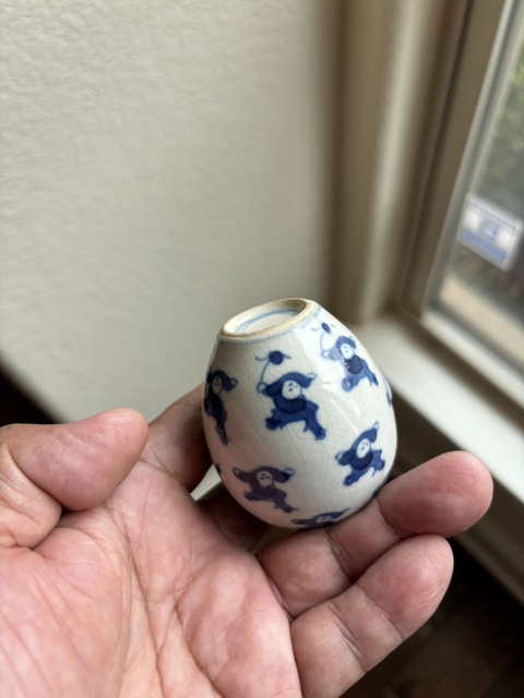 古玩陶瓷嬰戲紋青花煨瓷罐真品鑒賞圖