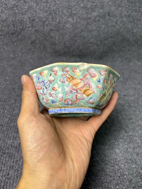 古玩陶瓷內松石綠釉外粉彩暗八仙供碗拍賣，當前價格999元