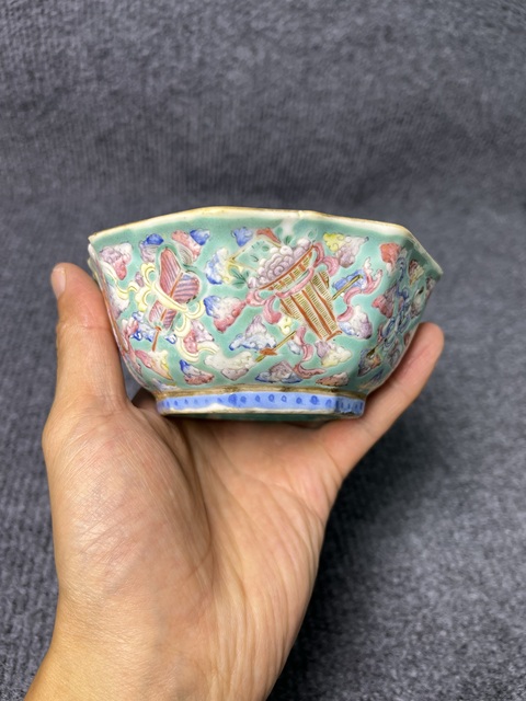 古玩陶瓷內松石綠釉外粉彩暗八仙供碗拍賣，當前價格999元