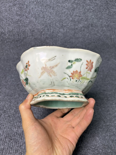 古玩陶瓷內松石綠釉外粉彩一鷺連科紋供碗拍賣,當前價格2688元