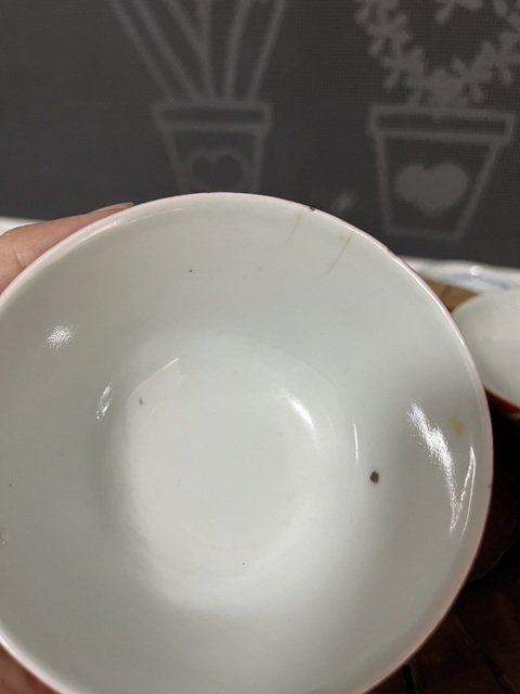 古玩陶瓷晚清礬紅留白蘭草詩文蓋碗拍賣，當前價格350元