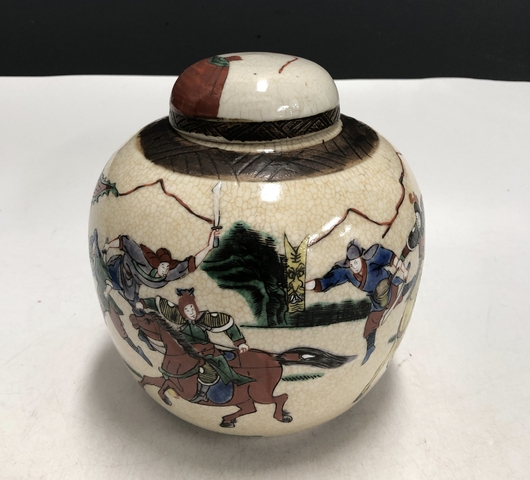 古玩陶瓷民國·哥釉五彩刀馬人物紋蓋罐拍賣，當前價格1699元