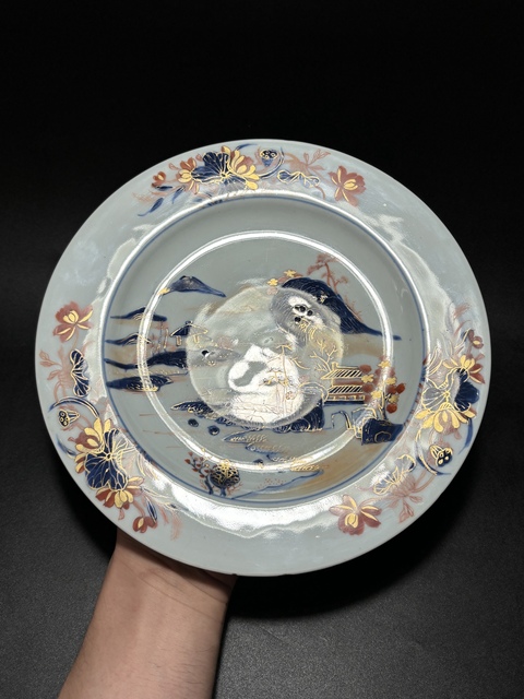 古玩陶瓷清康熙?寫意山水青花礬紅描金花卉紋折沿盤拍賣,當前價格980元