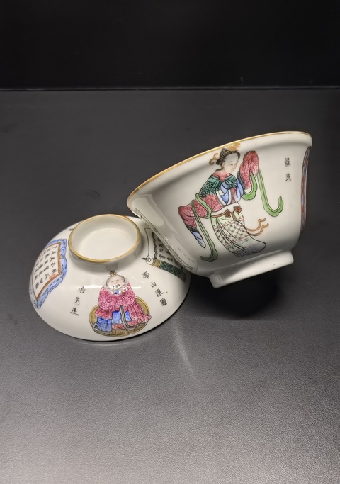 古玩陶瓷粉彩無雙譜人物蓋碗真品鑒賞圖