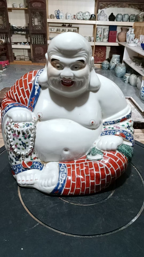 古玩陶瓷粉彩彌勒佛塑像真品鑒賞圖