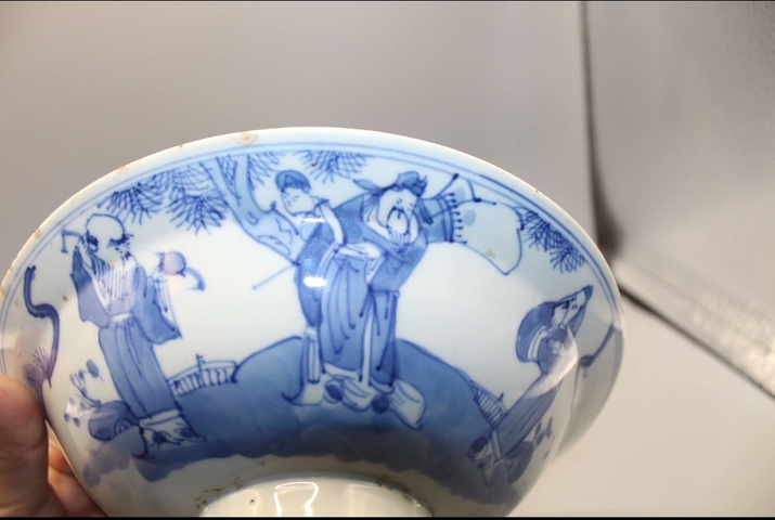 古玩陶瓷青花三星高照圖折沿碗真品鑒賞圖