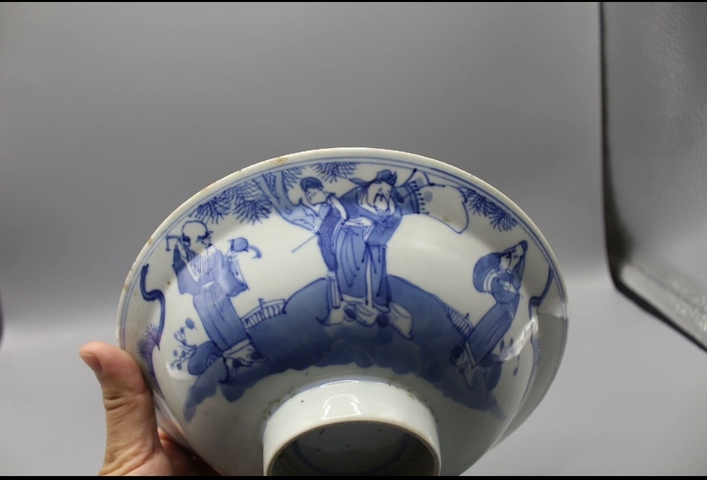 古玩陶瓷青花三星高照圖折沿碗真品鑒賞圖