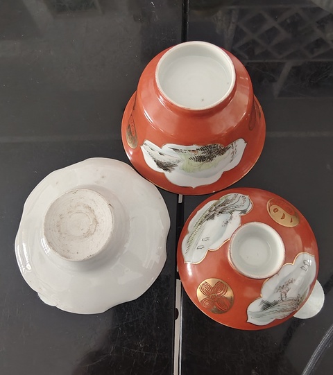 古玩陶瓷民國珊瑚紅開窗淺降彩蓋碗真品鑒賞圖