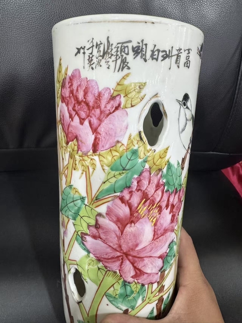 古玩陶瓷淺降彩花鳥帽筒真品鑒賞圖