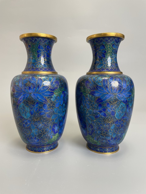 古玩銅器銅胎琺瑯彩藍蓮花賞瓶一對拍賣，當前價格780元