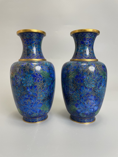 古玩銅器銅胎琺瑯彩藍蓮花賞瓶一對拍賣，當前價格780元