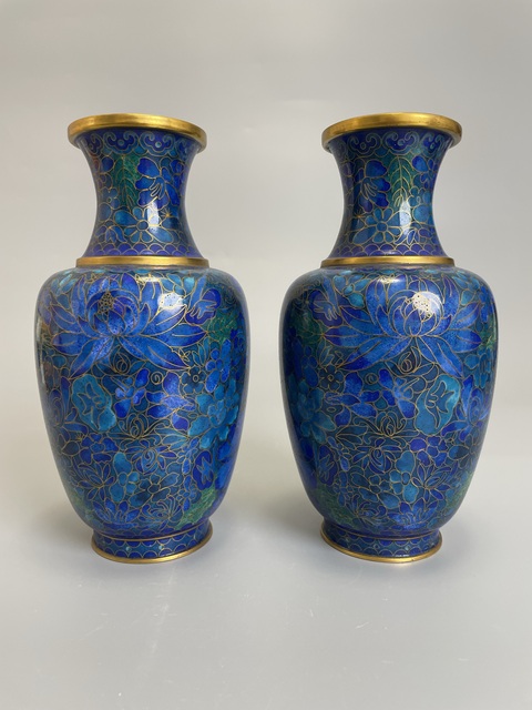 古玩銅器銅胎琺瑯彩藍蓮花賞瓶一對拍賣，當前價格780元