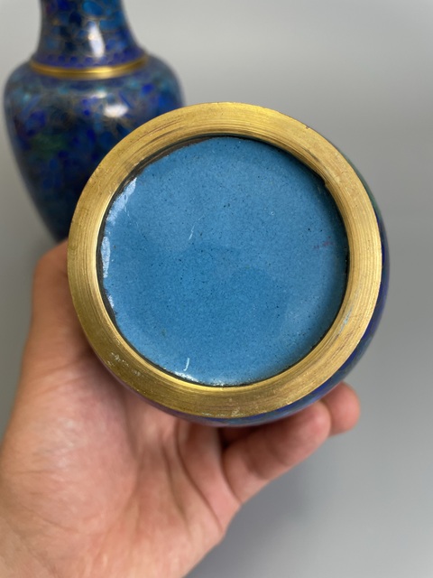 古玩銅器銅胎琺瑯彩藍蓮花賞瓶一對拍賣，當前價格780元