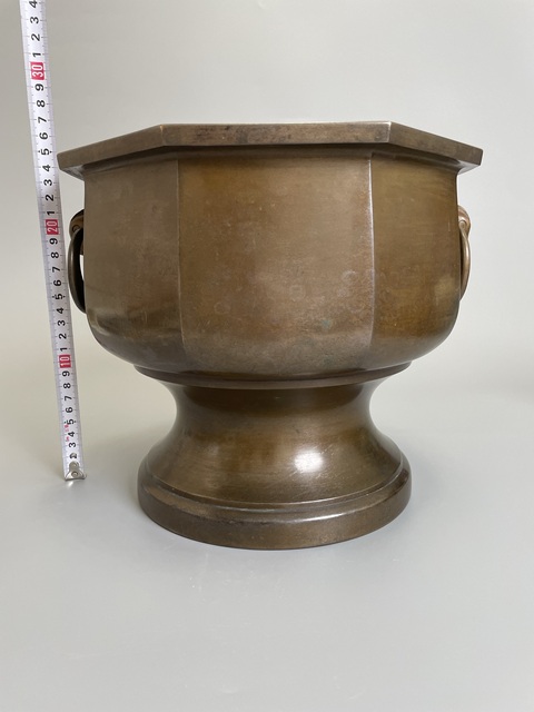 古玩銅器清中晚期 大明宣德年制款 雙獸耳吊環(huán)八方宣德銅爐真品鑒賞圖