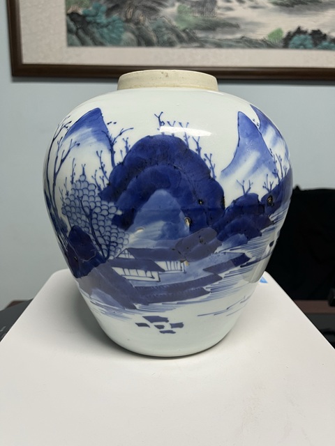 古玩陶瓷青花山水紋罐真品鑒賞圖