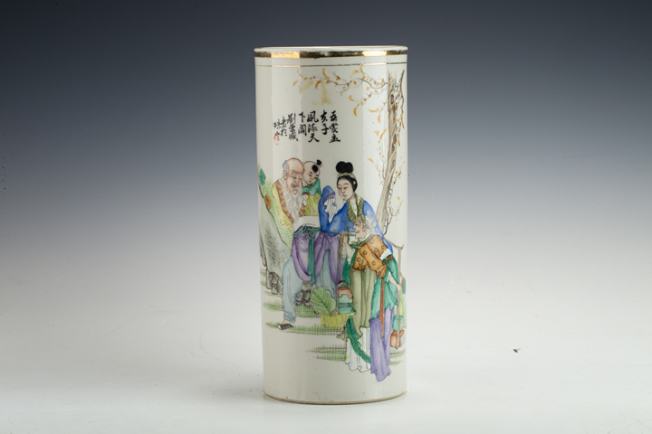 古玩陶瓷民國·粉彩人物故事紋帽筒真品鑒賞圖