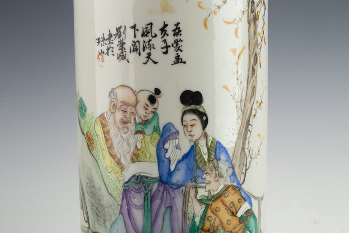 古玩陶瓷民國·粉彩人物故事紋帽筒真品鑒賞圖