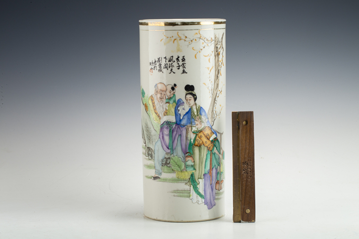 古玩陶瓷民國·粉彩人物故事紋帽筒真品鑒賞圖