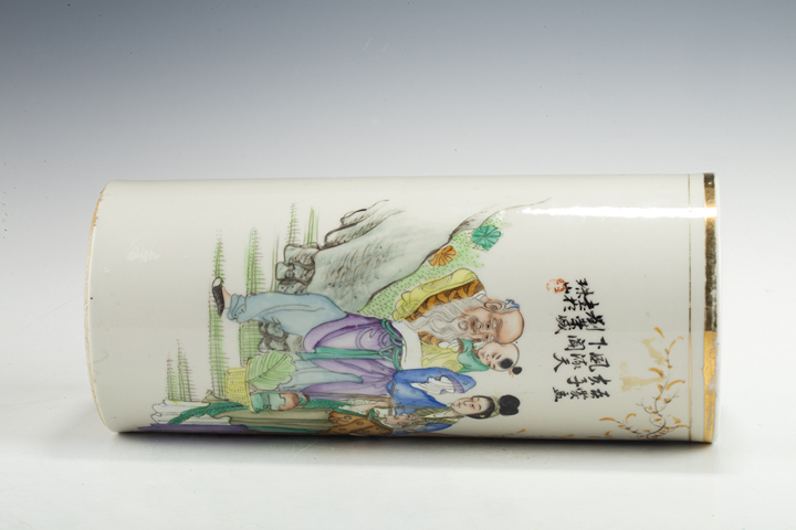 古玩陶瓷民國·粉彩人物故事紋帽筒真品鑒賞圖