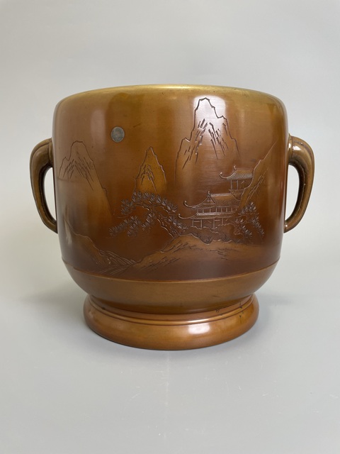 古玩銅器清中晚期 嵌銀山水亭臺樓閣紋雙象耳宣德銅爐真品鑒賞圖