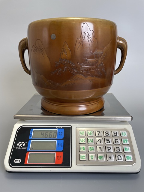 古玩銅器清中晚期 嵌銀山水亭臺樓閣紋雙象耳宣德銅爐真品鑒賞圖