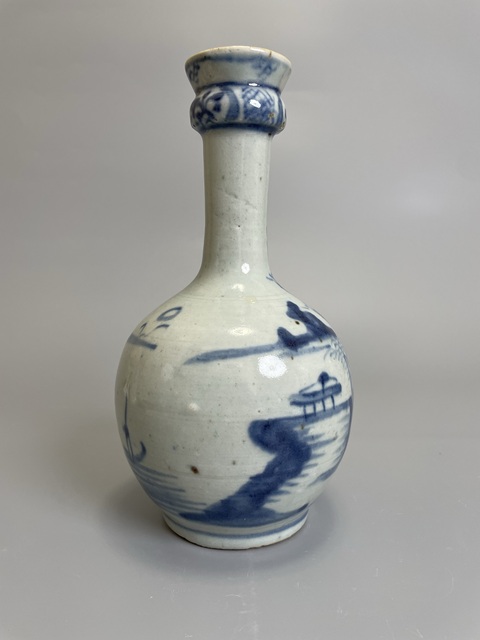 古玩陶瓷清乾隆 青花山水風景紋蒜頭瓶拍賣，當前價格1500元
